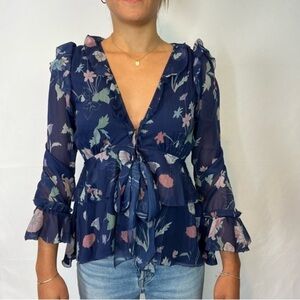 Cleobella Floral Long Sleeve Ruffle Tie Blouse XS